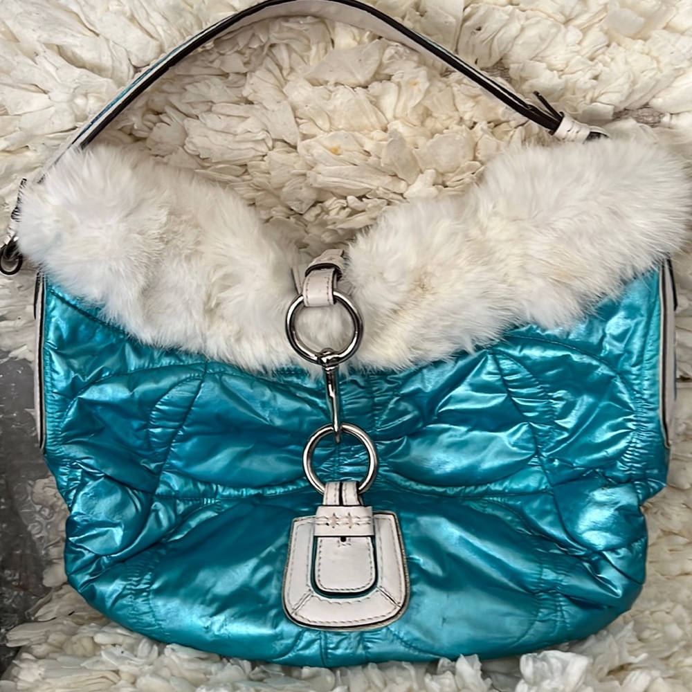 Coach Ski Hobo Painted Blue Metallic with White Leather & Rabbit Fur Trim
